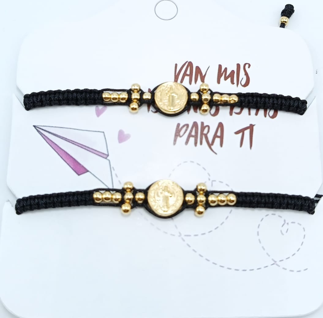 Set pulseras tejidas Gold filled San Benito y cruz.